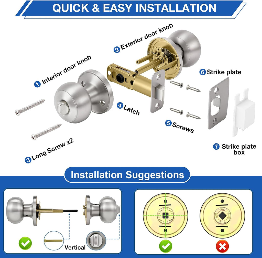 5 Pack Brushed Nickel Door Knobs,Privacy Door Knob with Lock, Interior Doorknobs Silver, Keyless Door Locks Set s