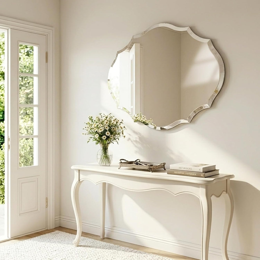 22" x 28" Frameless Scalloped Wall Mirror, Beveled Edge Bathroom Vanity Mirror with Reinforced Backing for