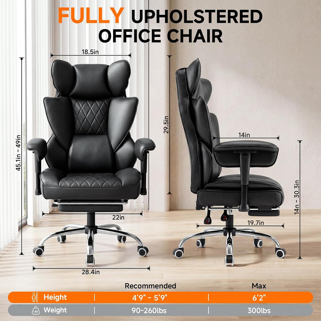 Leather Big and Tall Office Gaming Chair with Footrest Ergo Lumbar Support | 135°Reclining Adjustable Recline | Back