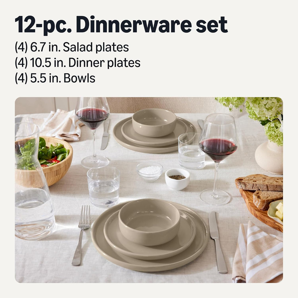 Glazed Stoneware Dinnerware, 12-Piece Set, 4 Full Place Settings, Dishwasher-Safe, Microwave-Safe, Linen Gray