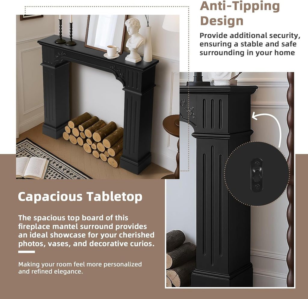 Modern Black Freestanding Surround - Waterproof, Anti-Tipping Premium MDF Mantel with Leg for Living Room Decor