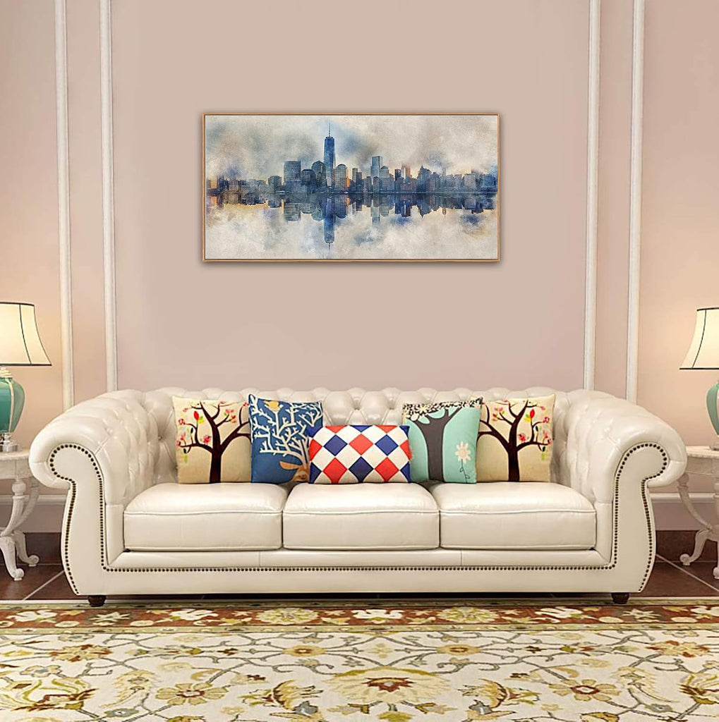 NYC Framed Canvas Wall Art Abstract Painting Wall Decor Indigo Blue Gray Panoramic Art Print New York Skyline