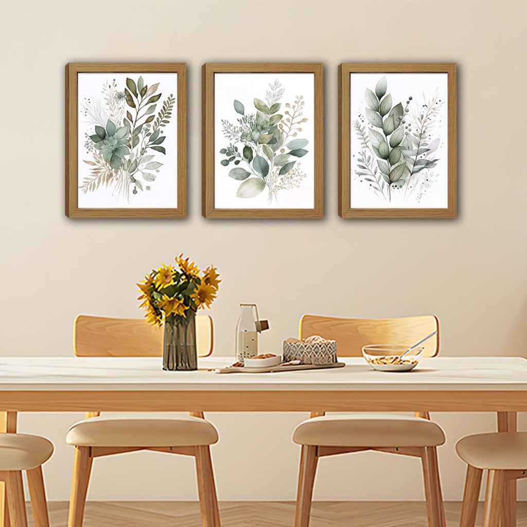 Sage Green Botanical Wall Art Set of 3, Eucalyptus Leaf Canvas Prints, Minimalist Watercolor Style Boho Nature Plant