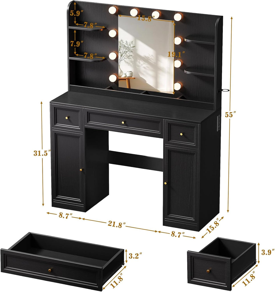 Large Vanity Desk with Mirror and Lights, Makeup Vanity with Power Outlets, 3 Drawers and 2 Large Cabinets, 3