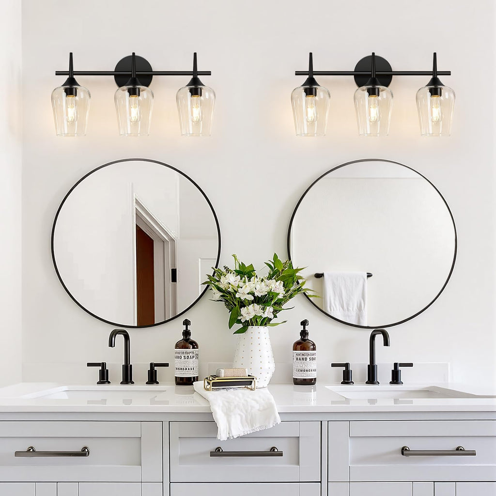 3-Light Bathroom Light Fixtures, Black Vanity Lights with Clear Glass, 19.5 Inch Bathroom Lighting Fixtures Over