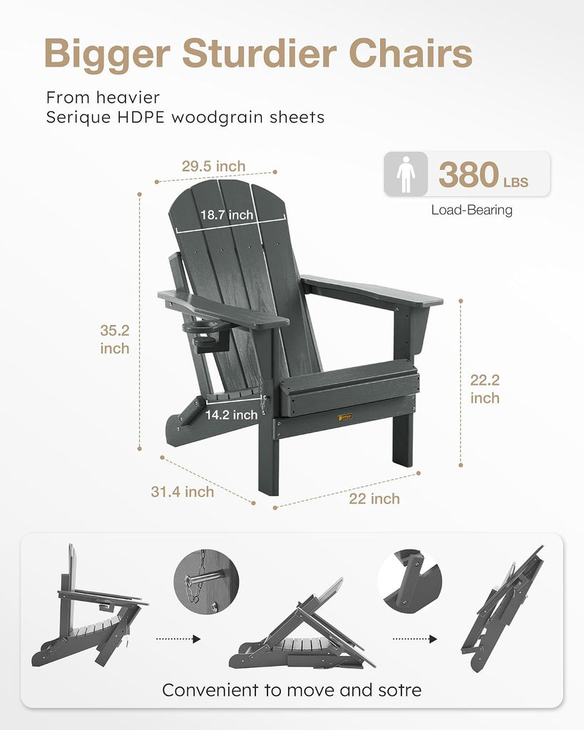 Folding Adirondack Chair, Patio Chair Wood Texture, Outdoor Chair Weather Resistant, Fire Pit Chair with Cup Holder