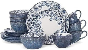 Gabriela Blue 16-Piece Dinnerware Set, Service for 4, Durable Stoneware Plates, Bowls