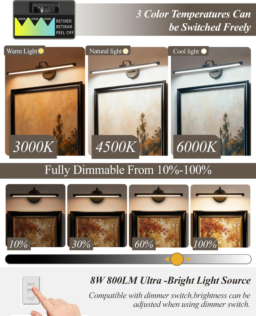 Hardwired Picture Light for Wall, 16 Inch Modern Brass Dimmable Frame Light with Adjustable Swing Arm, 3CCT LED Art