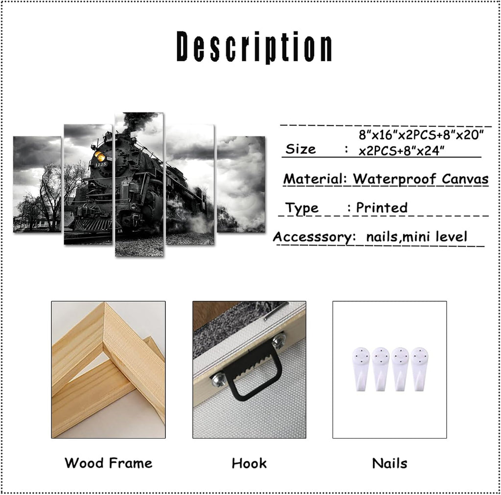 Black and White Train Canvas Wall Art, 5 Piece Set | 8"x16"x2pcs, 10"x20"x2pcs, 10"x24"x1pc Framed Waterproof Canvas
