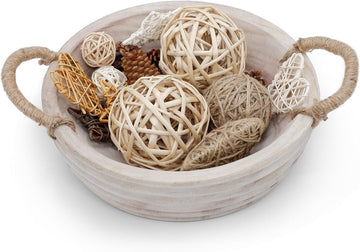 Wooden Decorative Bowls, 11.2 Inch Premium Round Serving Bowl with Rope Handles Decor, Round Paulownia Wood