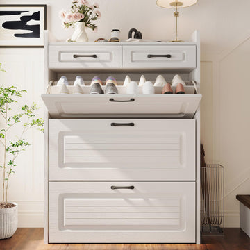 Shoe Storage Cabinet with 3 Flip Drawers and 2 Storages Drawers, Easy to Store 18-25 Pairs of Shoes, White Wood Shoe