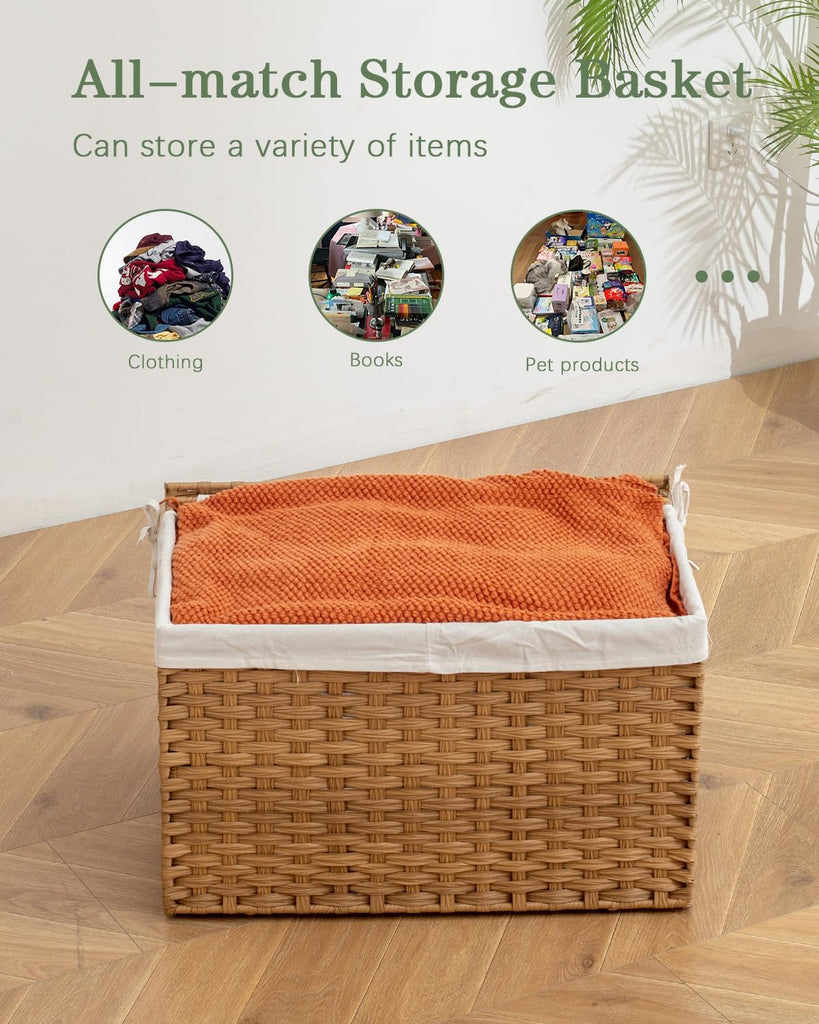 Storage Basket with Lid Rattan Woven Storage Baskets with 2 Separate Lids, 17.2 Gallon (65 L), 22 x 13 x 13.8
