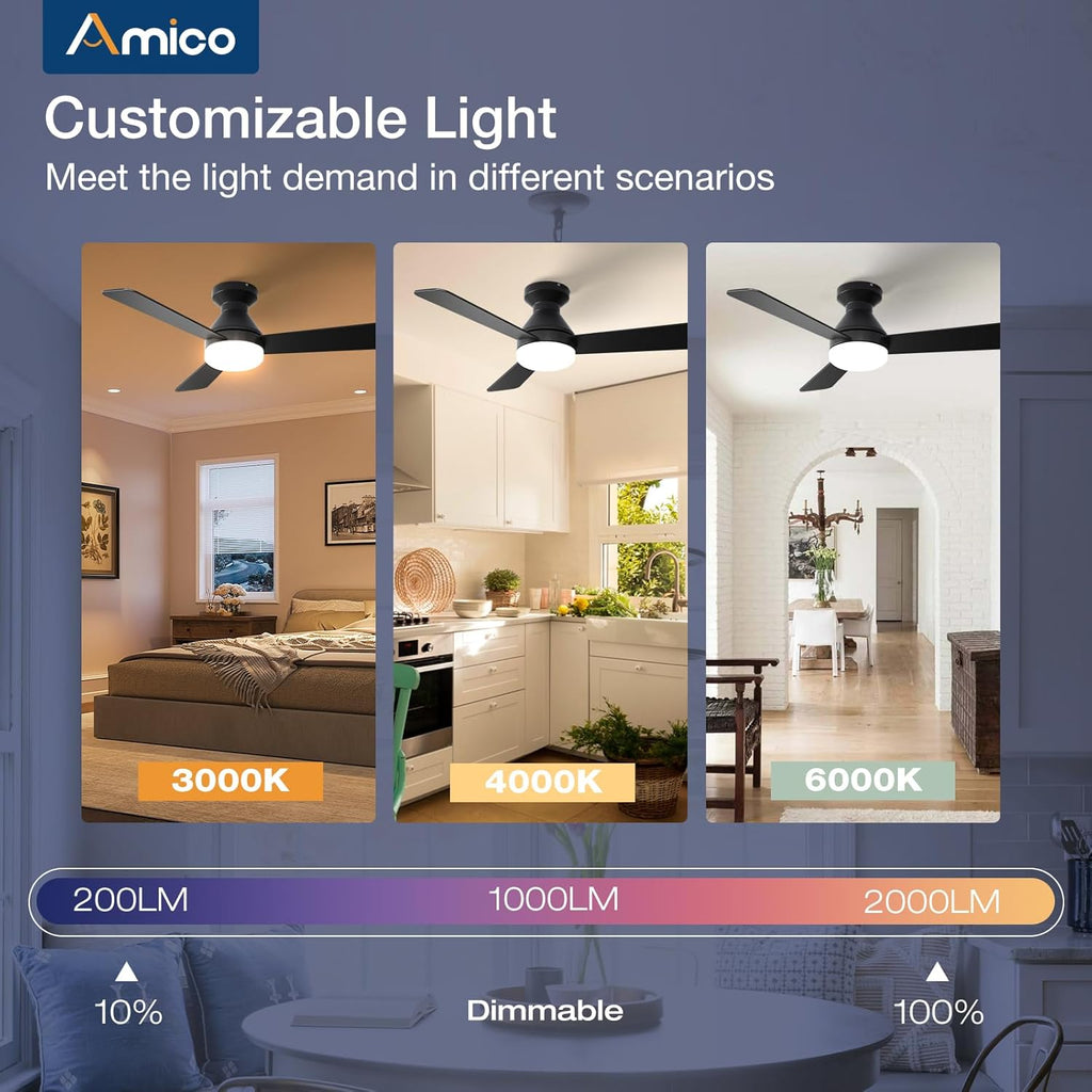 Ceiling Fans with Lights, 42 inch Low Profile Ceiling Fan with Light and Remote Control, Flush Mount, Reversible, 3CCT, Dimmable, Noiseless, Black Ceiling Fan for Bedroom, Indoor/Outdoor Use