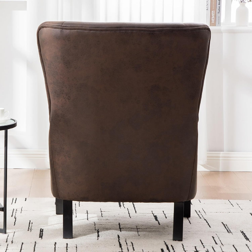 PU High Back Accent Chair Oversized, Retro Wingback Reading Armchair with Solid Wood Legs, Mid-Century Comfy Arm