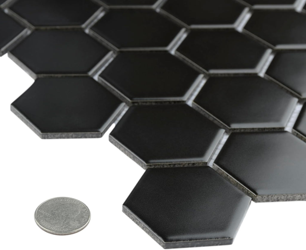 Metro 2" Hex Matte Black 11-1/8" x 12-5/8" Porcelain Mosaic Floor and Wall Tile