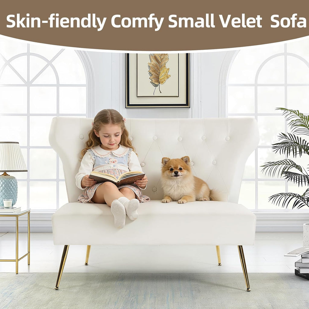 40 Inch White Velvet Loveseat, Armless Button-Tufted Couch with Gold Legs - Compact Modern Sofa