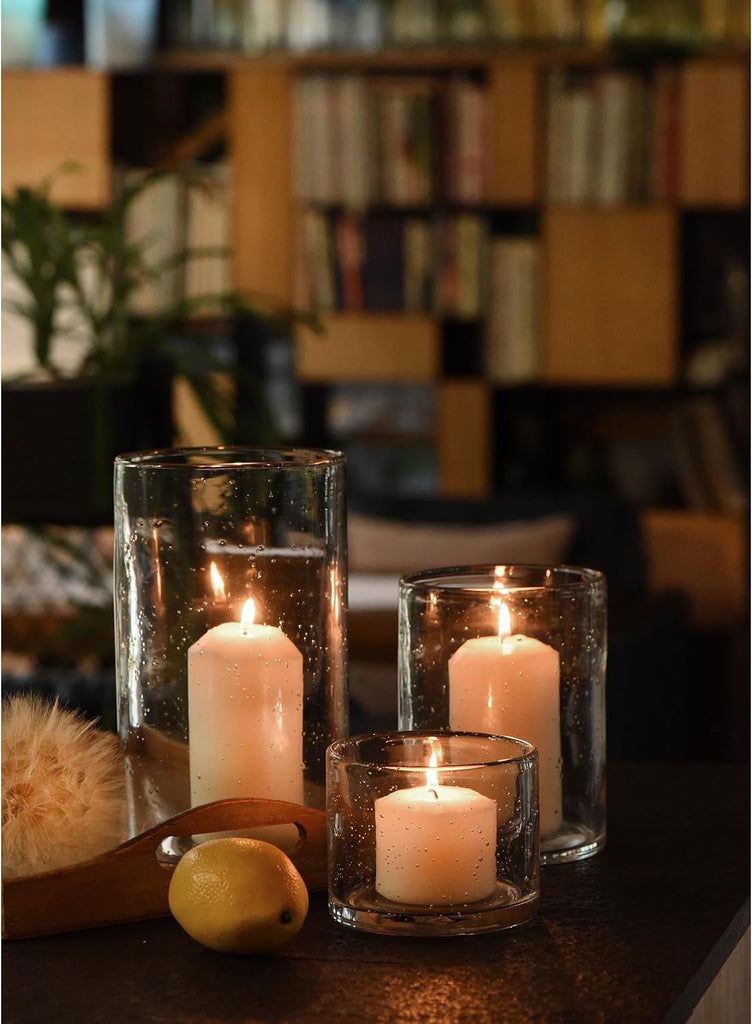 Hurricane Candle Holders Glass Cylinders Set of 3 (10" 7" 4") | Clear Seeded Bubbles, Cylinder Vases For Pillar
