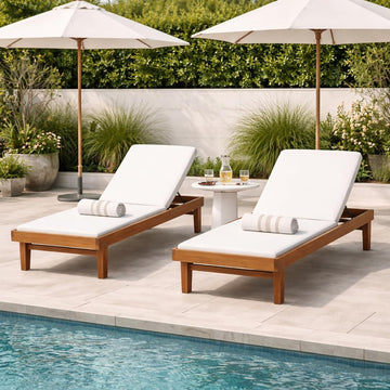 Set of 2 Chaise Lounge Chair Outdoor, Acacia Wood Frame Sunbathing Pool Lounger, Adjustable Backrest Patio