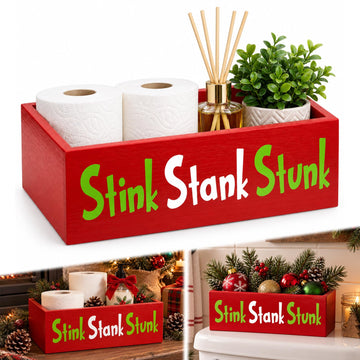 Wooden Stink Stank Stunk Bathroom Decor, Stink Stank Stunk Decor, Toilet Basket Tank Topper White, Back of Toilet