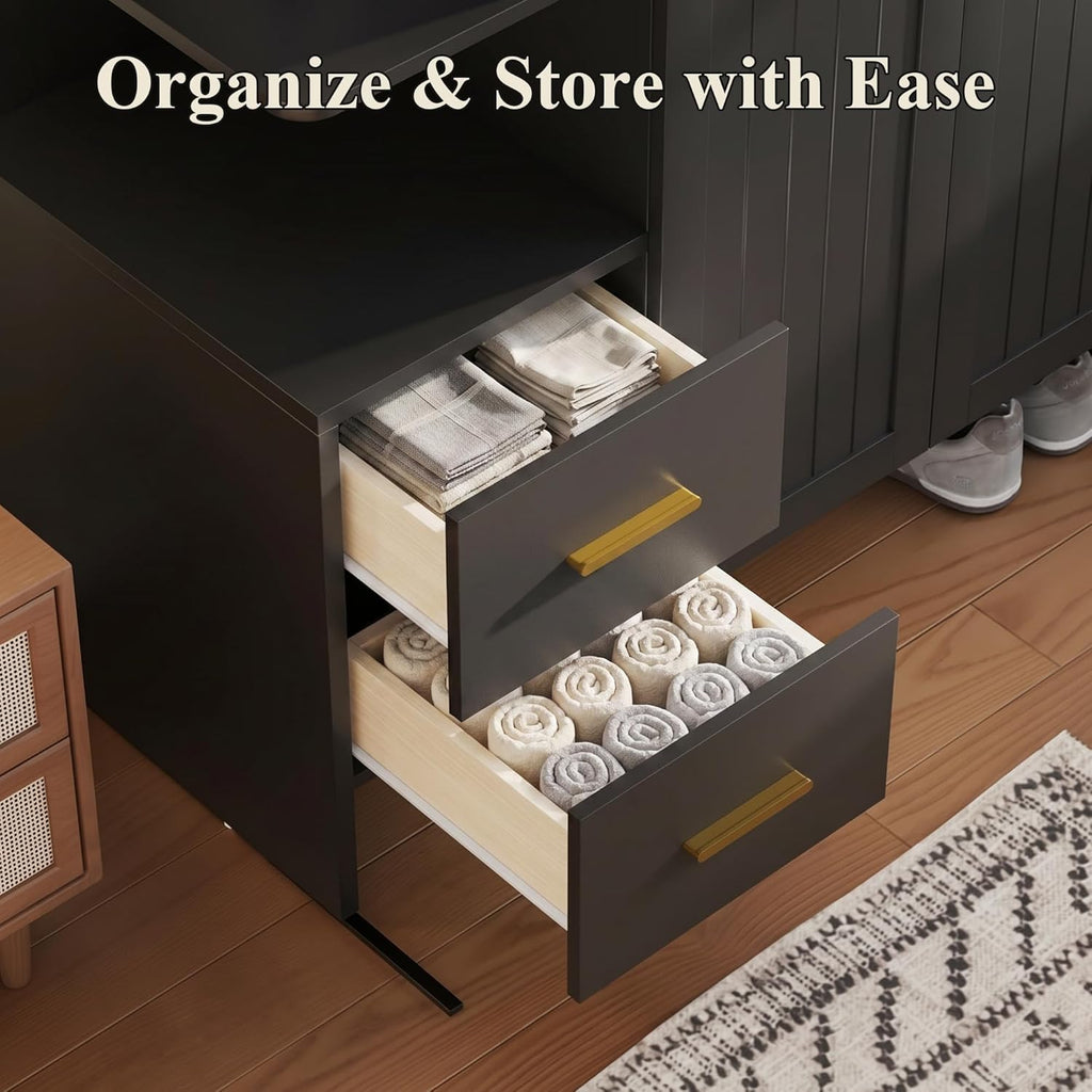 Modern Wardrobe Closet with 2 Doors & 2 Drawers, 67.8" Tall Armoire Wardrobe with Open Shelves, Freestanding Wardrobe