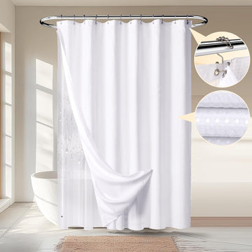 Waffle 3 in 1 Shower Curtain Set, White Fabric Shower Curtain and Clear Liner Set with Double Sided Hooks