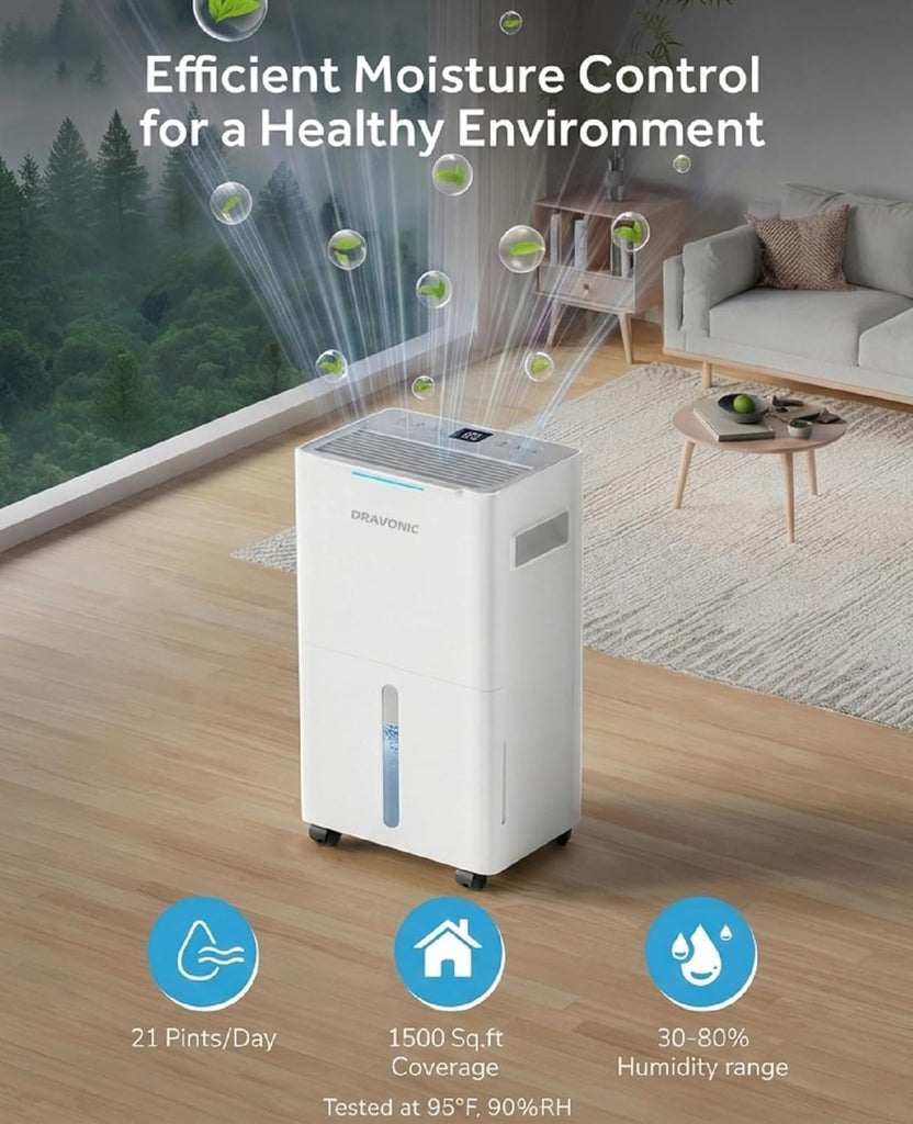 21 Pints Dehumidifier for Basement - 1500 Sq.ft Dehumidifiers for Home, Bedroom & Bathroom with Continuous Drain Hose