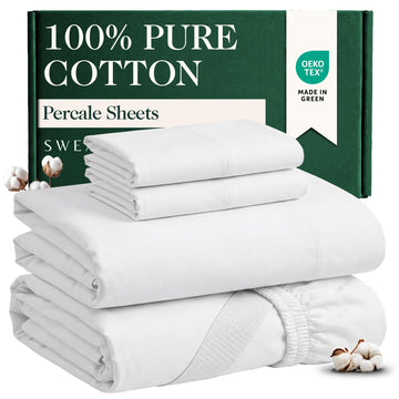 100% Cotton Percale Sheets Queen Size, Cool & Crisp, 4 Pcs, White