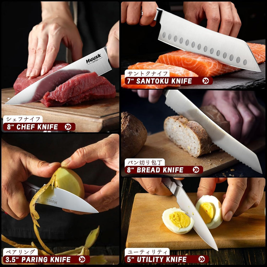 Kitchen Knife Set with Block & Built-in Sharpener - 15pcs | Japanese Stainless Steel Knife Block Set - Sharp