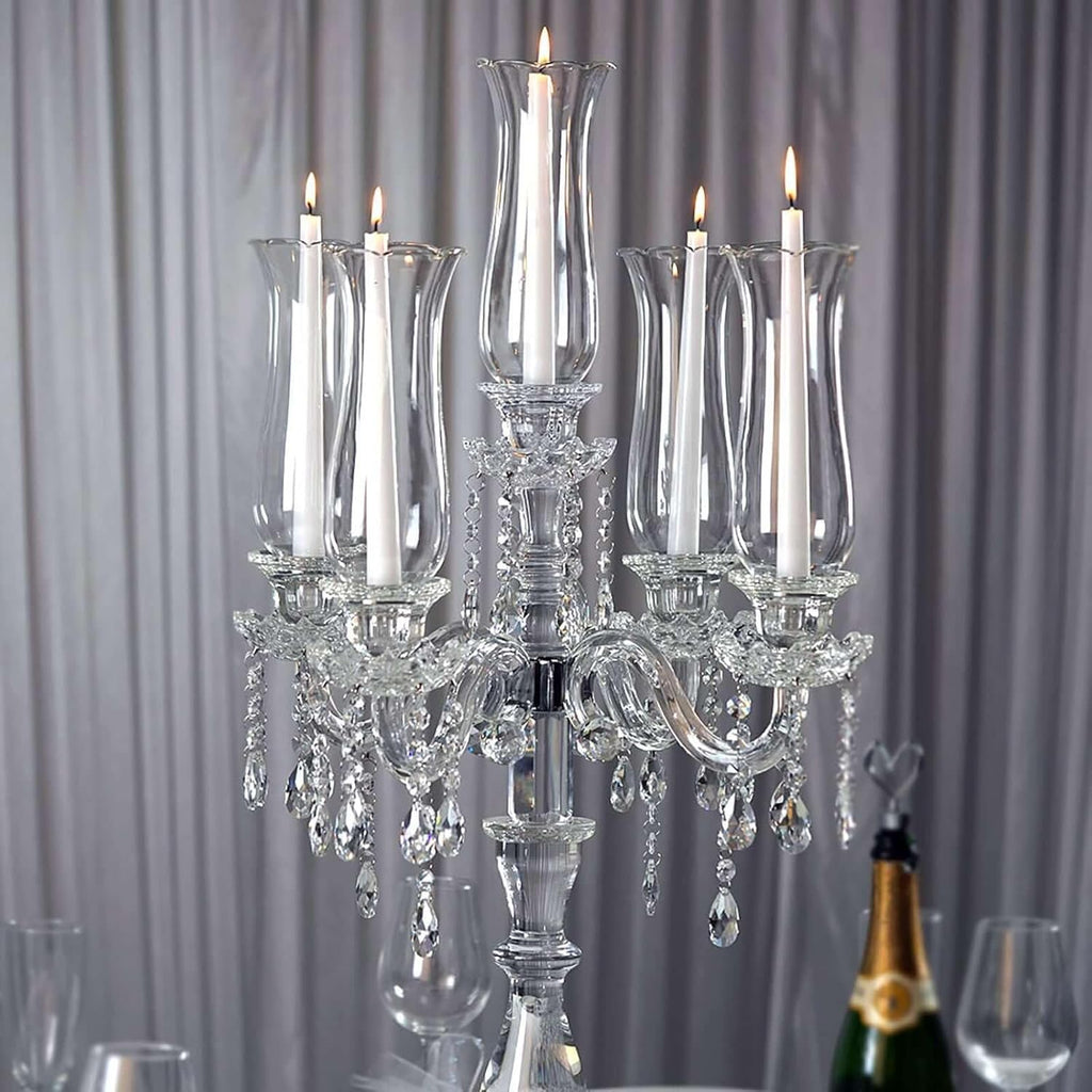 5 Arm Premium Crystal Glass Taper Candle Holder Candelabra with Chandelier Chains 32"