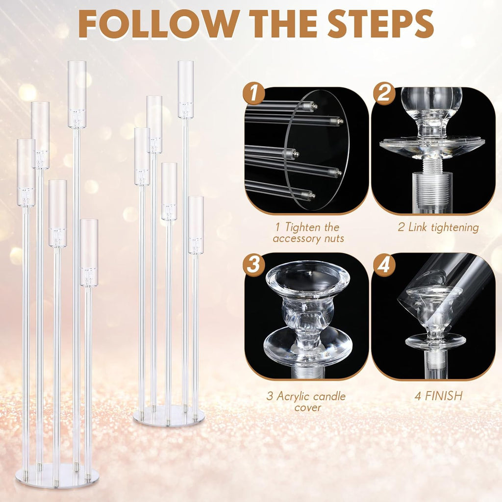 2 Pcs 5 Arm 46.4 x 8.7 Inch Acrylic Candelabra Centerpieces Holder Large Acrylic Candle Holder for Ceremony Floor