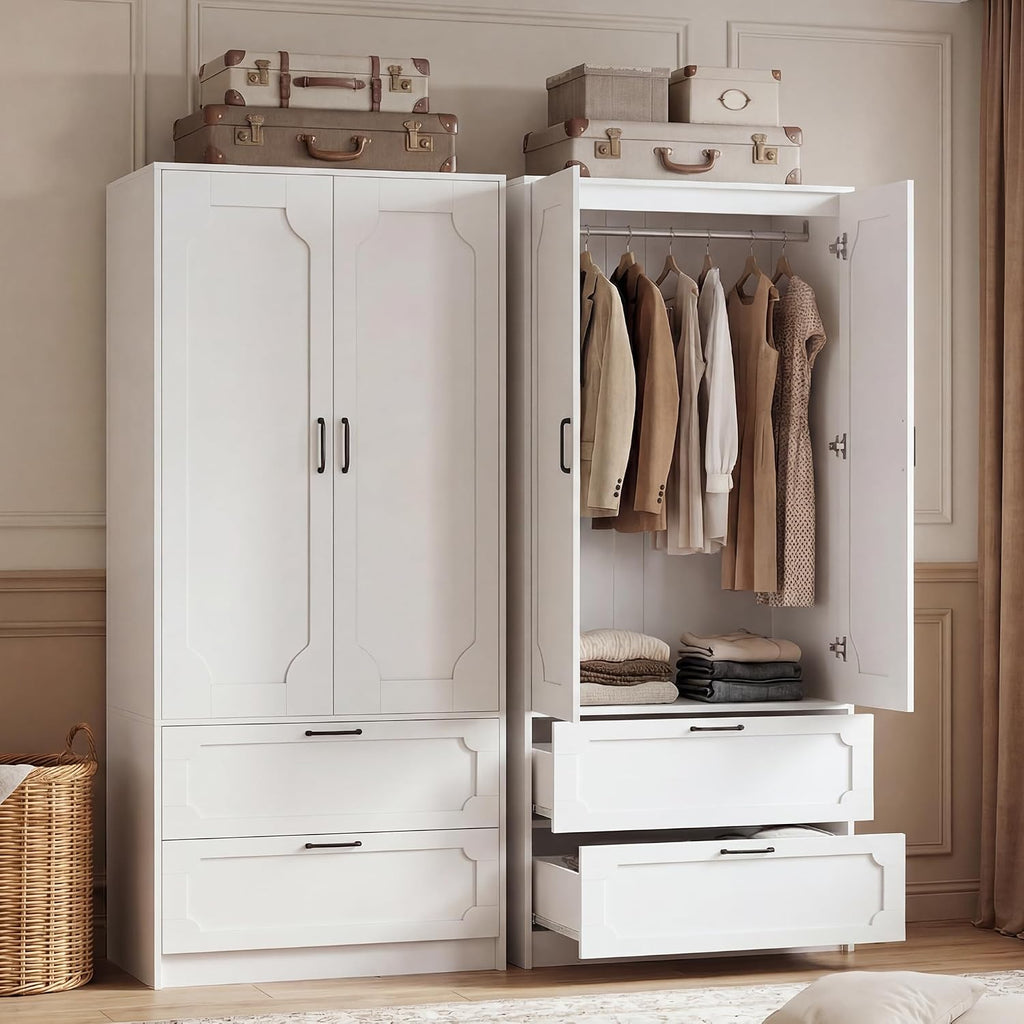 71''H Armoire Wardrobe Closet with 2 Doors and 2 Drawers | Modern Clothing Storage Cabinet with Hanging Rod, Wooden