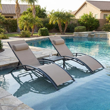 Patio Pool Lounge Chaise Set of 3 Outdoor Lounger Chair, Taupe | 2 Chaise + 1 Table, Aluminum Frame, Adjustable
