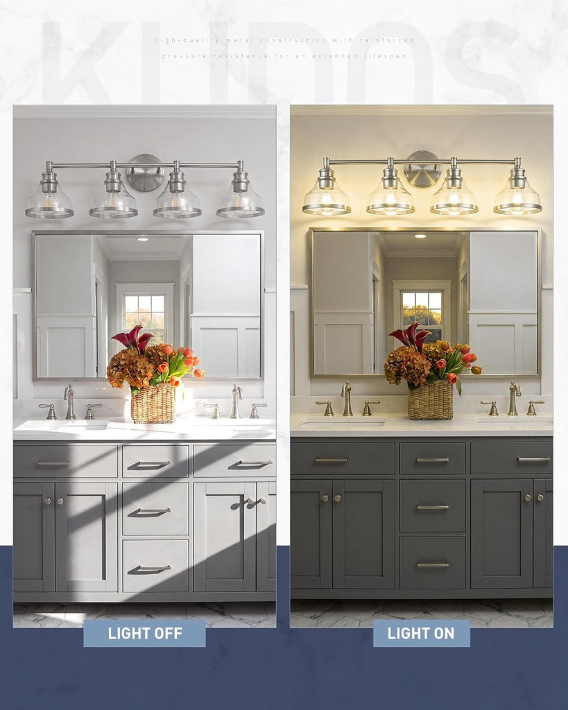 4-Light Brushed Nickel Vanity Light, Clear Glass Shade | 33" bathroom light fixtures over mirror, upward or downward