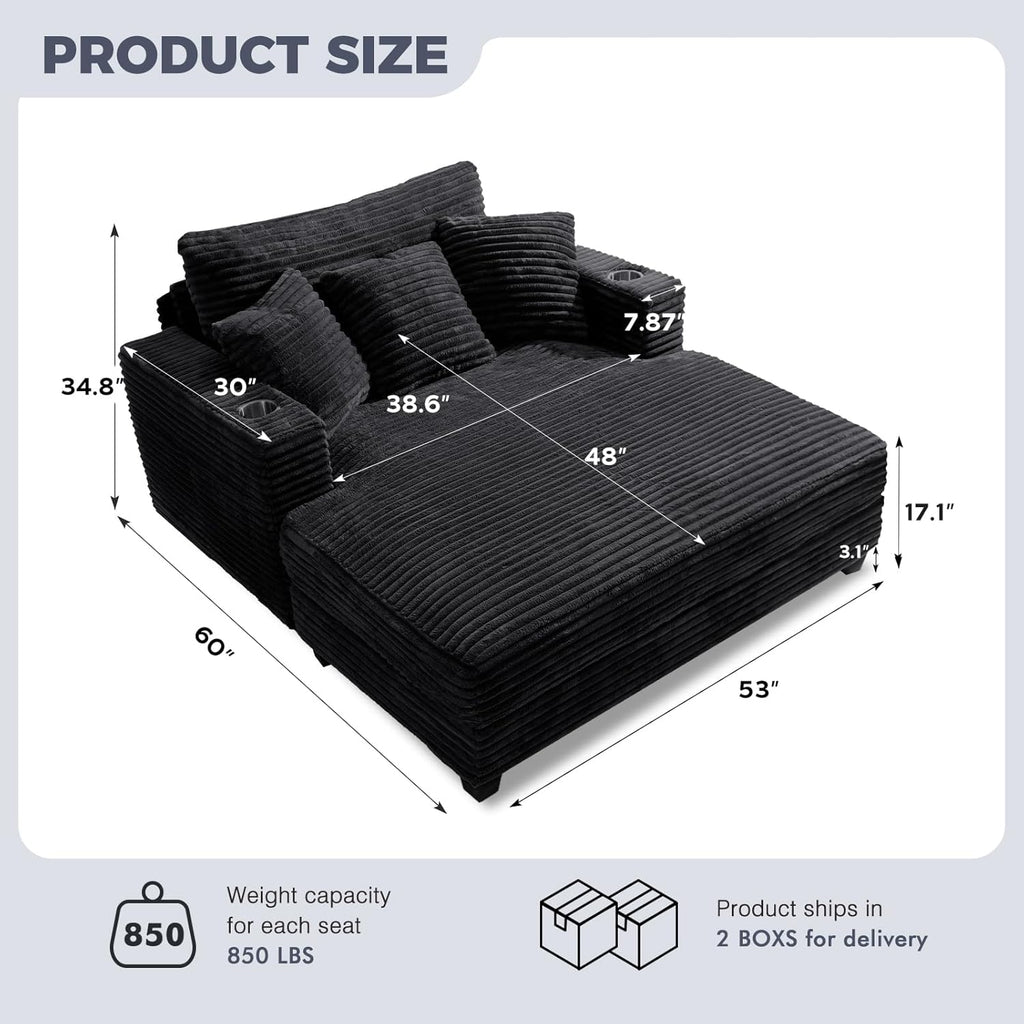 60" Chaise Lounge Chair Indoor, Wood Frame, Black | Oversized Sofa Bed, USB Port and 2 Cup Holders, Comfy Plush Faux