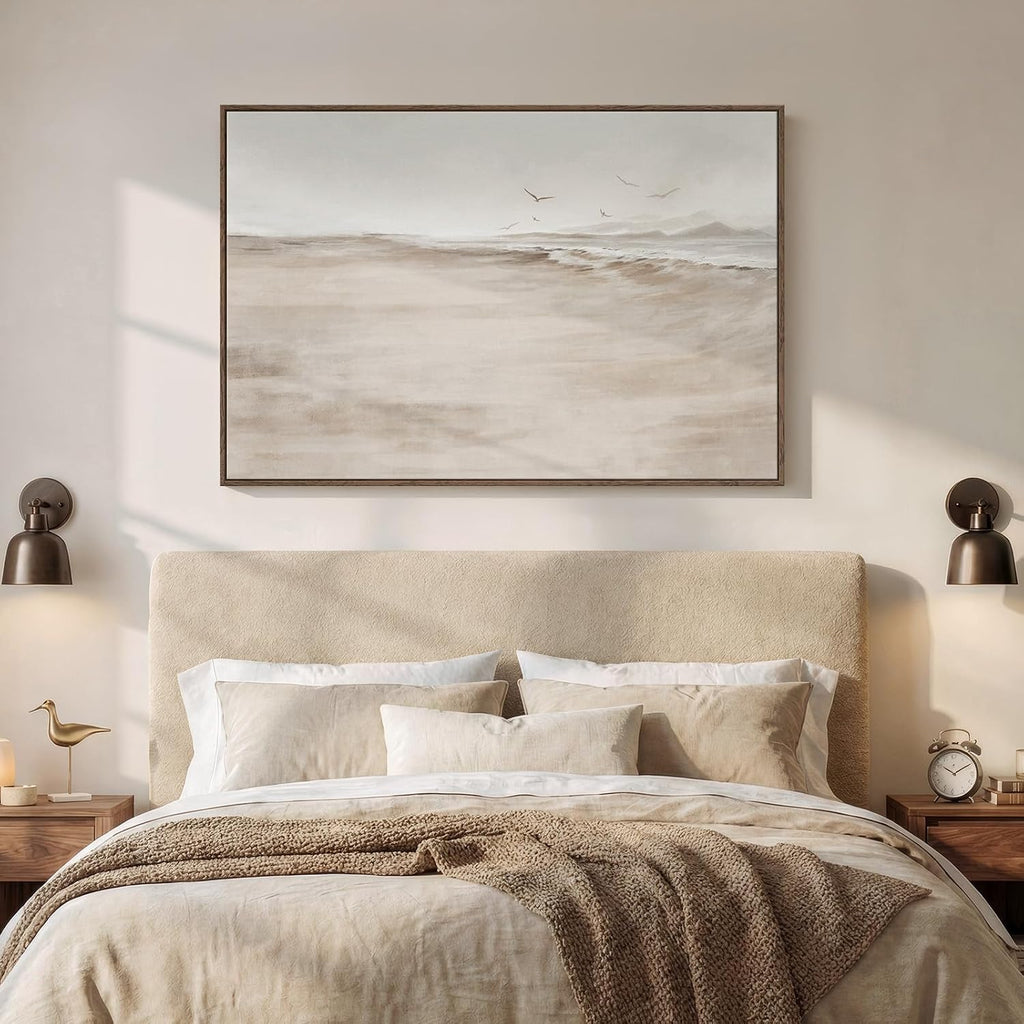 Framed Neutral Coastal Beach Canvas Wall Art, Abstract Landscape Canvas Prints Paintings for Walls, Large Beige