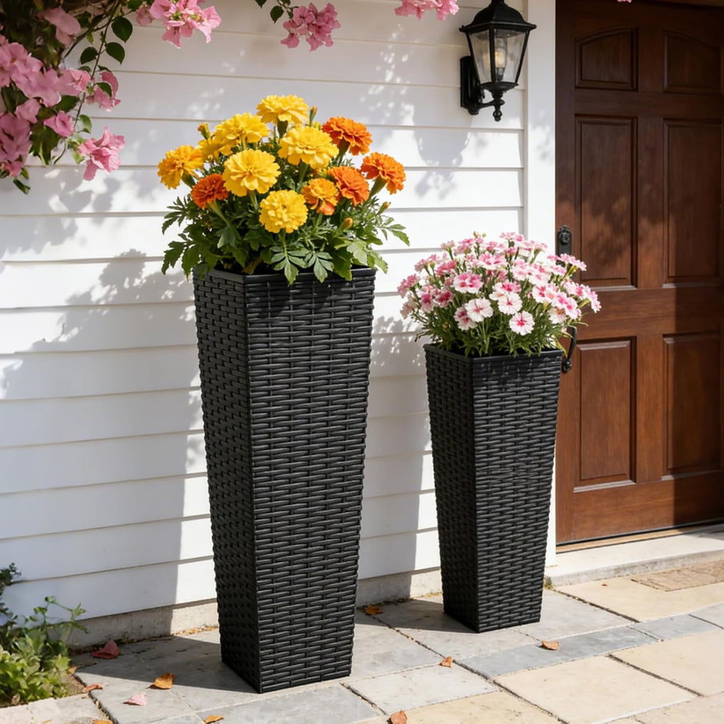 32in Large Planters for Outdoor Plants, Outside Tall Black Planters Set of 2, Resin Front Porch Planters, Outdoor