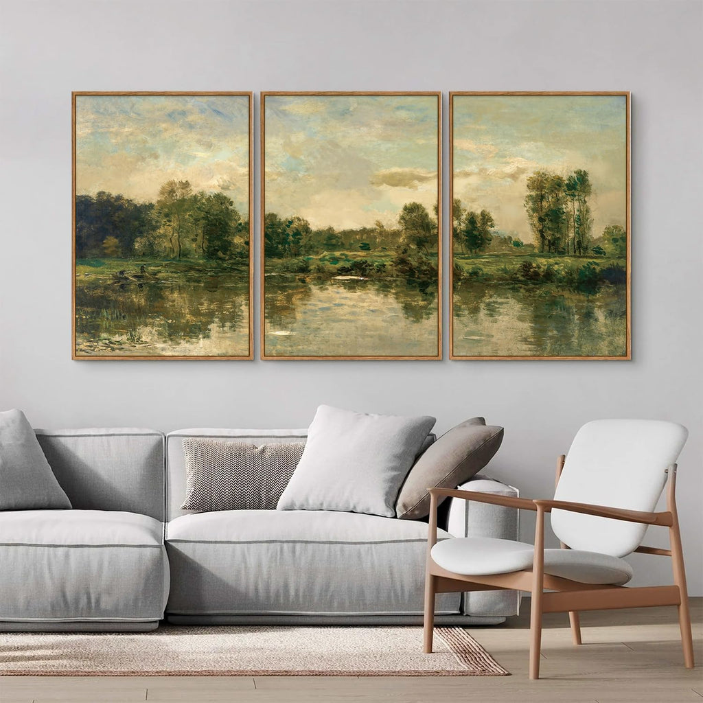 Vintage Landscape Framed Canvas Wall Art Set of 3, French Country Art Prints, Nature Green Trees and Lake Art
