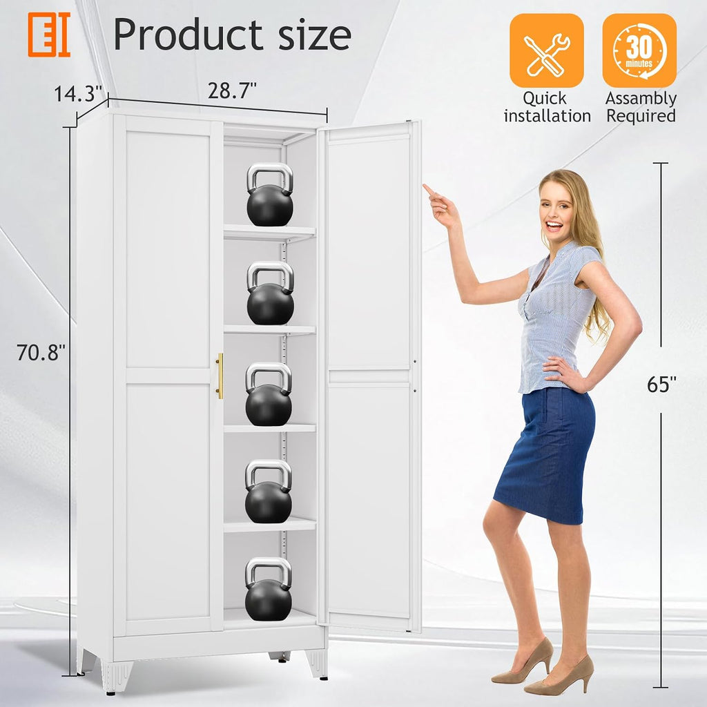 71" Tall Metal Pantry Storage Cabinet with Doors and 4 Adjustable Shelves, White Kitchen Food Pantry Cabinets, Tall