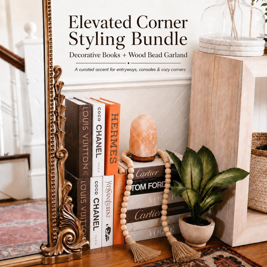 Faux Book Set + Wood Bead Garland Bundle, Glam Shelf Decor | 4 cardboard books plus 58in wood bead garland