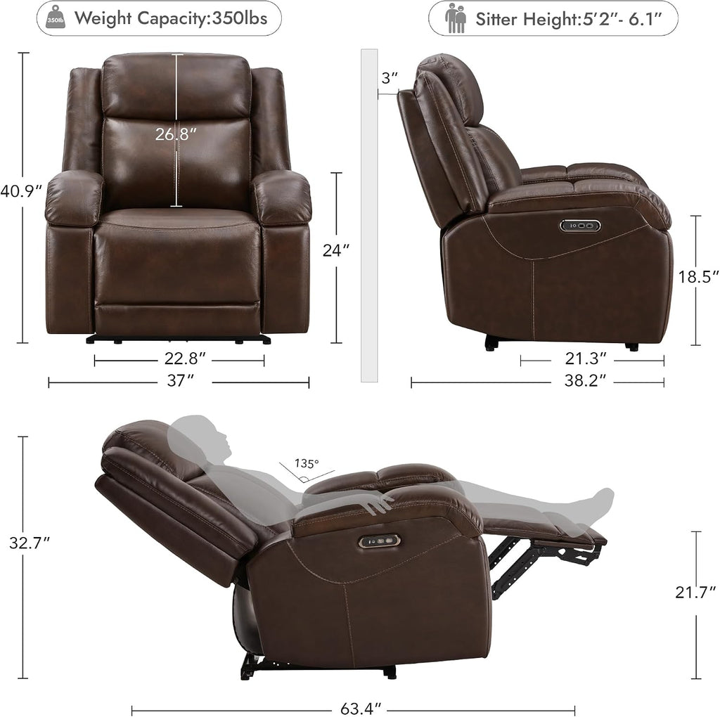 Genuine Leather Power Recliner Chairs for Adults, Wall Hugger RV Recliner with Power Headrest & Charging Ports