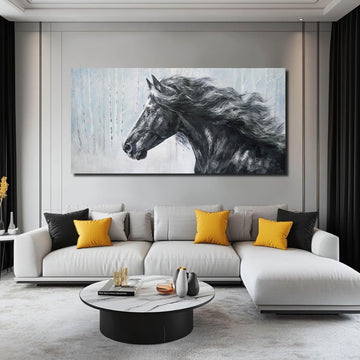 Extra Wide Panoramic Horse Canvas Wall Art, Black and White Equine Portrait Artwork, Misty Birch Forest, Rustic