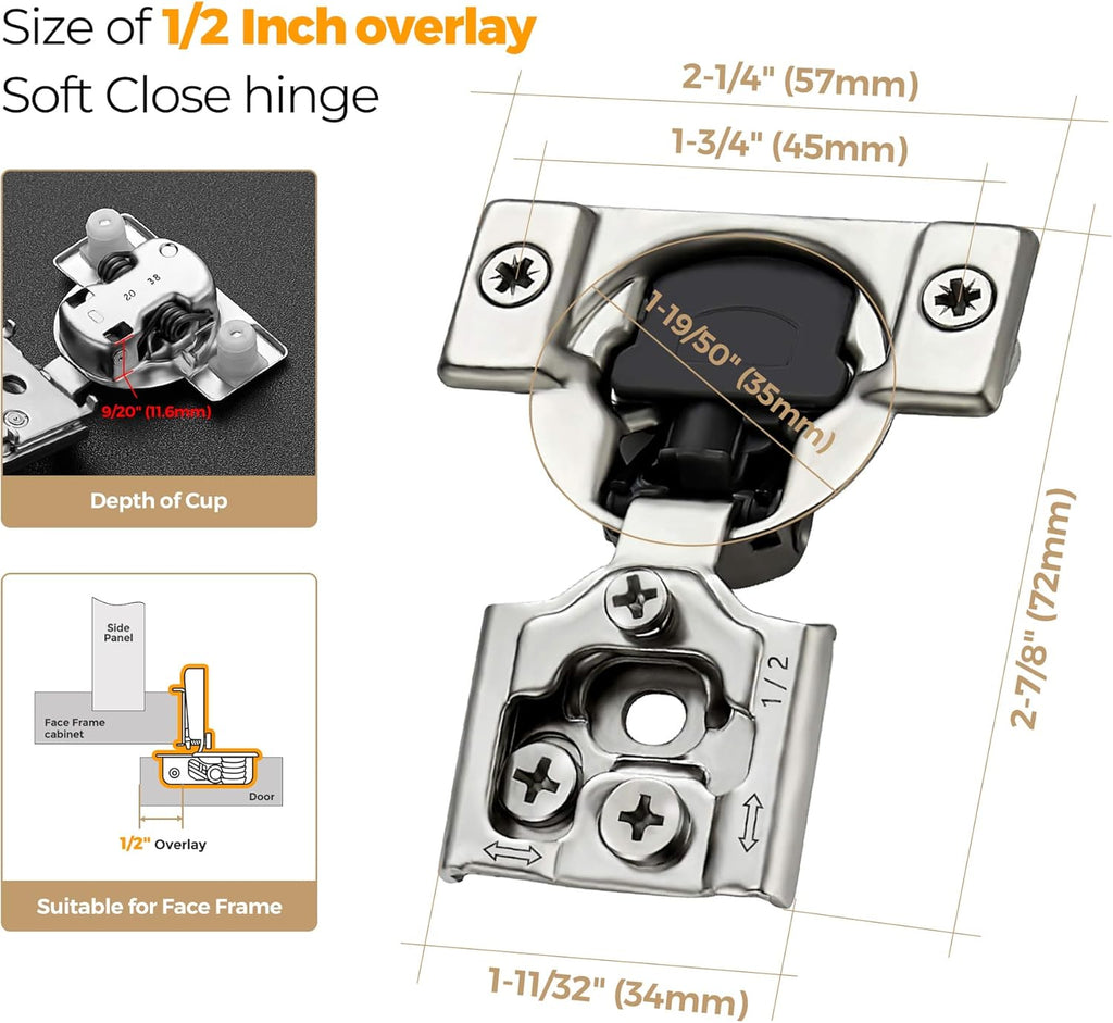 60 Pack (30 Pairs) 1/2 Inch Overlay Soft Close Hinges Cabinets - Satin Nickel Hidden Concealed Hinge, Stainless Steel