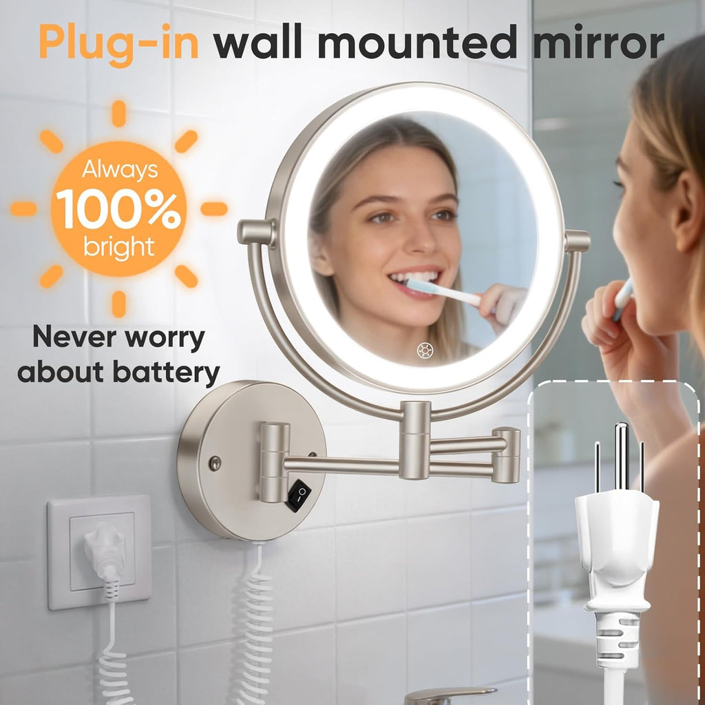 Plug in Wall Mounted Lighted Makeup Mirror 1X/30X Magnifying, AC Powered Double-Sided Magnification