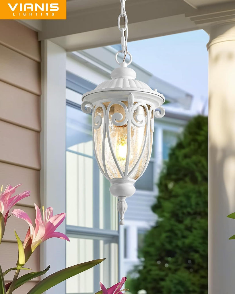 Outdoor Pendant Light Lantern, White Modern Outdoor Chandelier, Handcrafted Hanging Outdoor Lights with Seed Glass