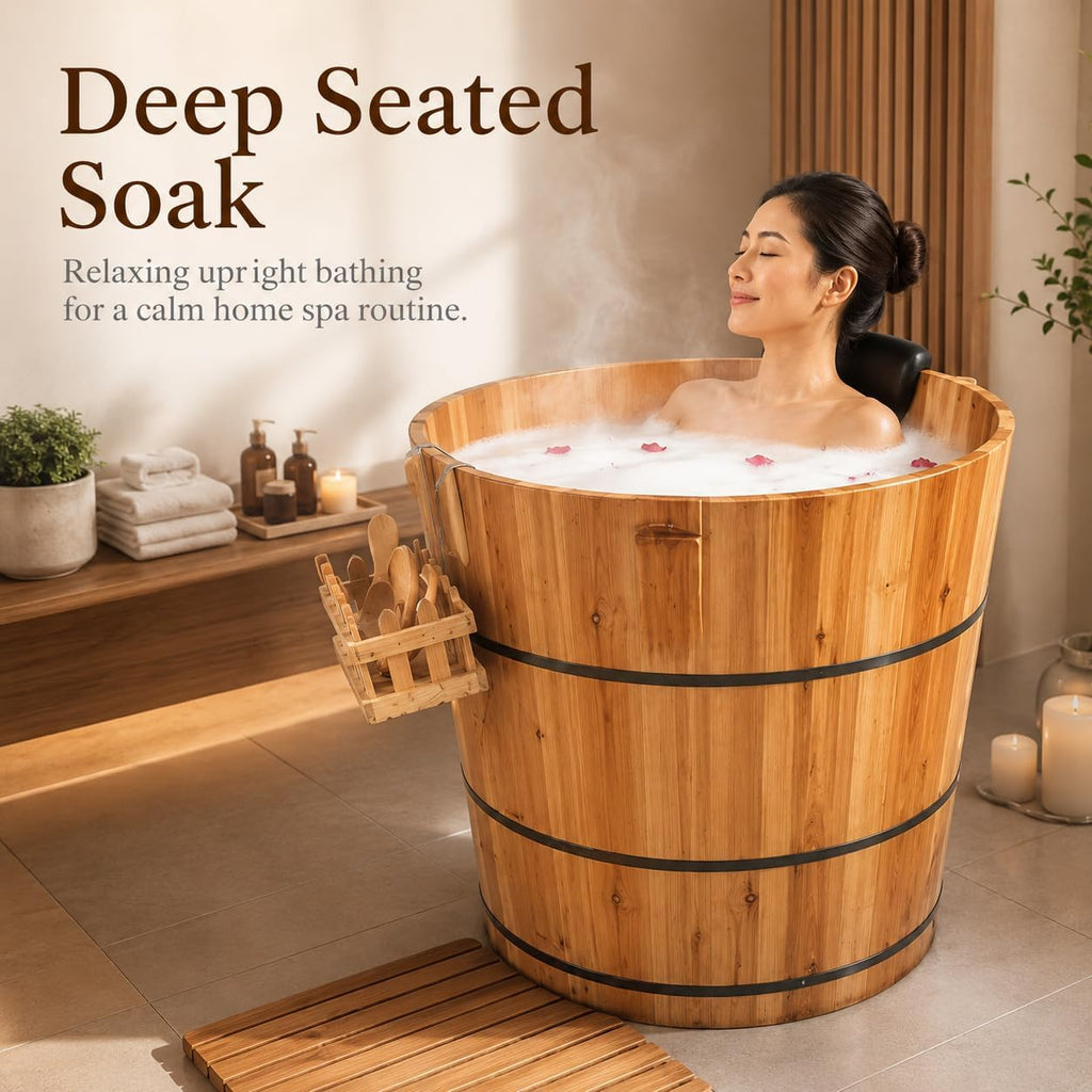 Luxury Fragrant Cedar Soaking Tub - Japanese Style Round Wooden Bathtub with Foot Massager & Full Accessories (wooden