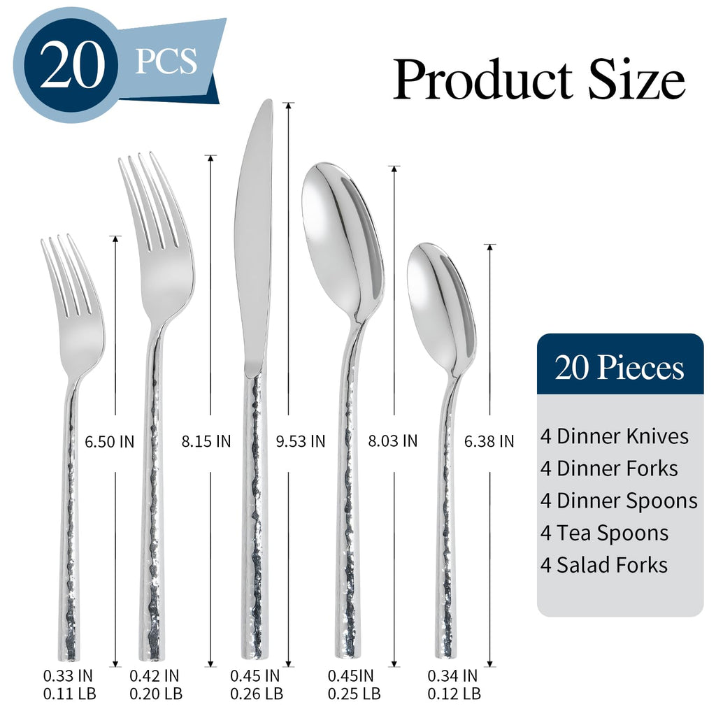 Silverware Set 20 Piece Hammered Round Handle Service for 4
