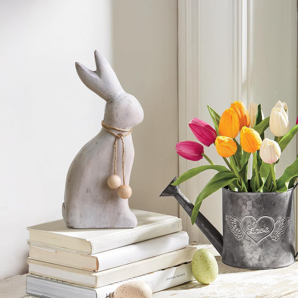 Farmhouse Antique Wood Rabbit Figurines, Handmade Elegant Easter Bunny Statue with Rustic Jute Bows for Spring Easter