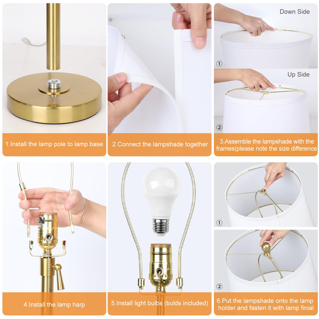 2 Pack 22"-30" Adjustable Height Table Lamps Set, Modern Gold Table Lamps with White Shade 3 Colour Temperature Pull