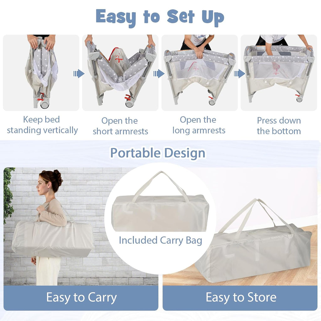 5-in-1 Pack and Play, Portable Baby Bedside Sleeper with Bassinet, U-Shaped Diaper Changer, Safety Strap, Side