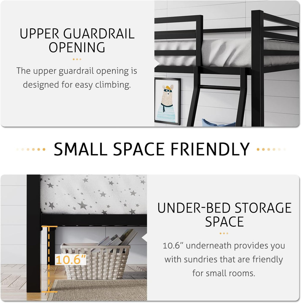 Loft Bunk Bed Twin Over Twin with Ladder and Guardrail,Heavy Duty Metal Slats Support No Box Spring Needed Small Space